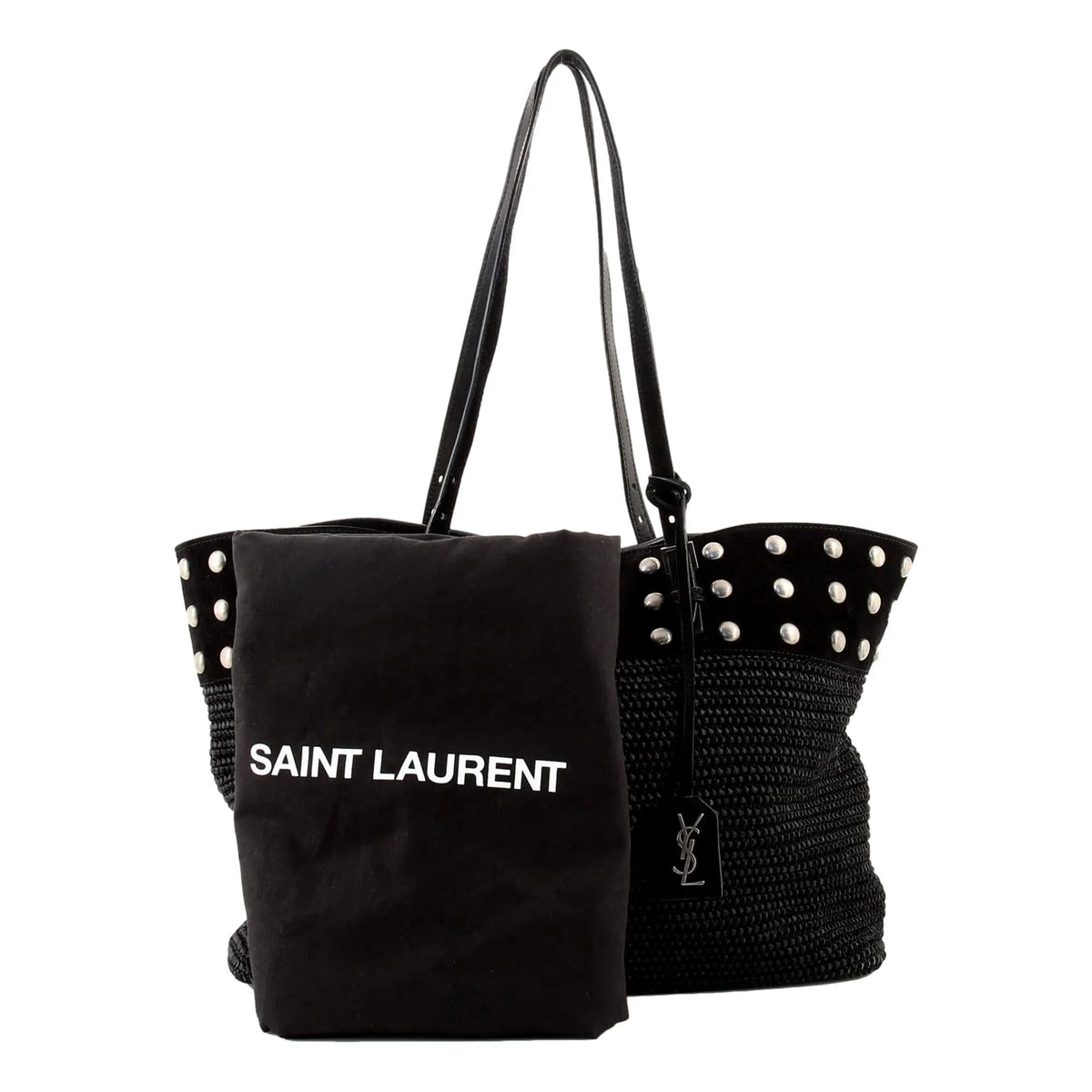 Saint Laurent Boucle Studded Black Raffia Leather Shopping Tote - Handbags - Clayton's Online Store