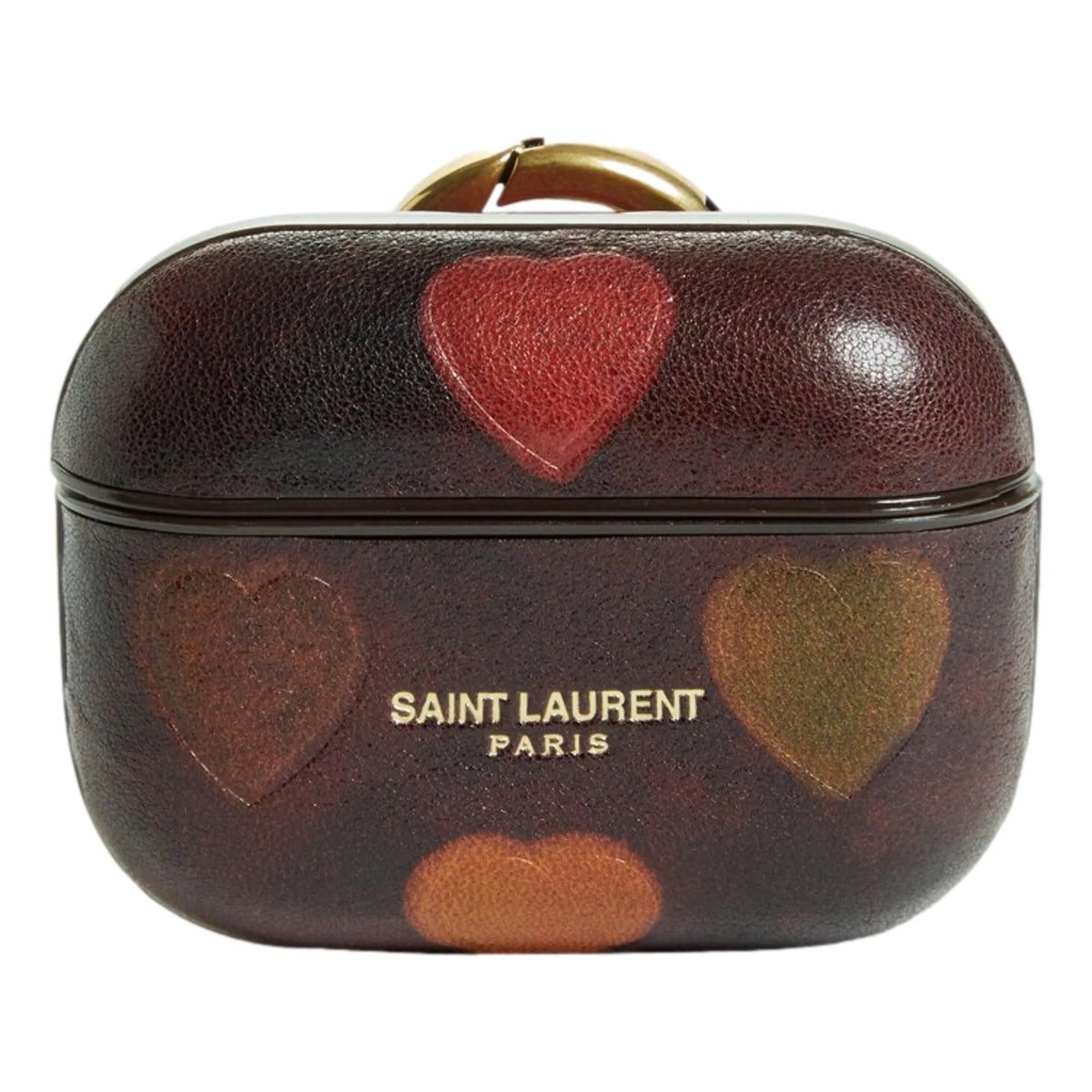 Saint Laurent Heart Printed Brown Textured Leather Airpods Case