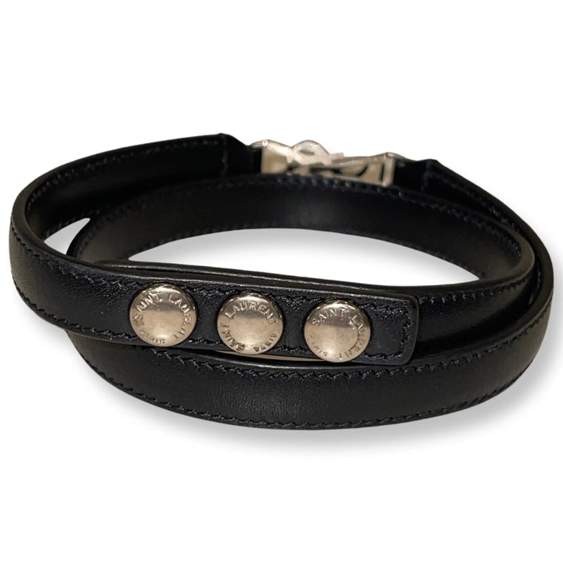 Saint Laurent Monogram Logo Black Leather Wrap Snap Bracelet