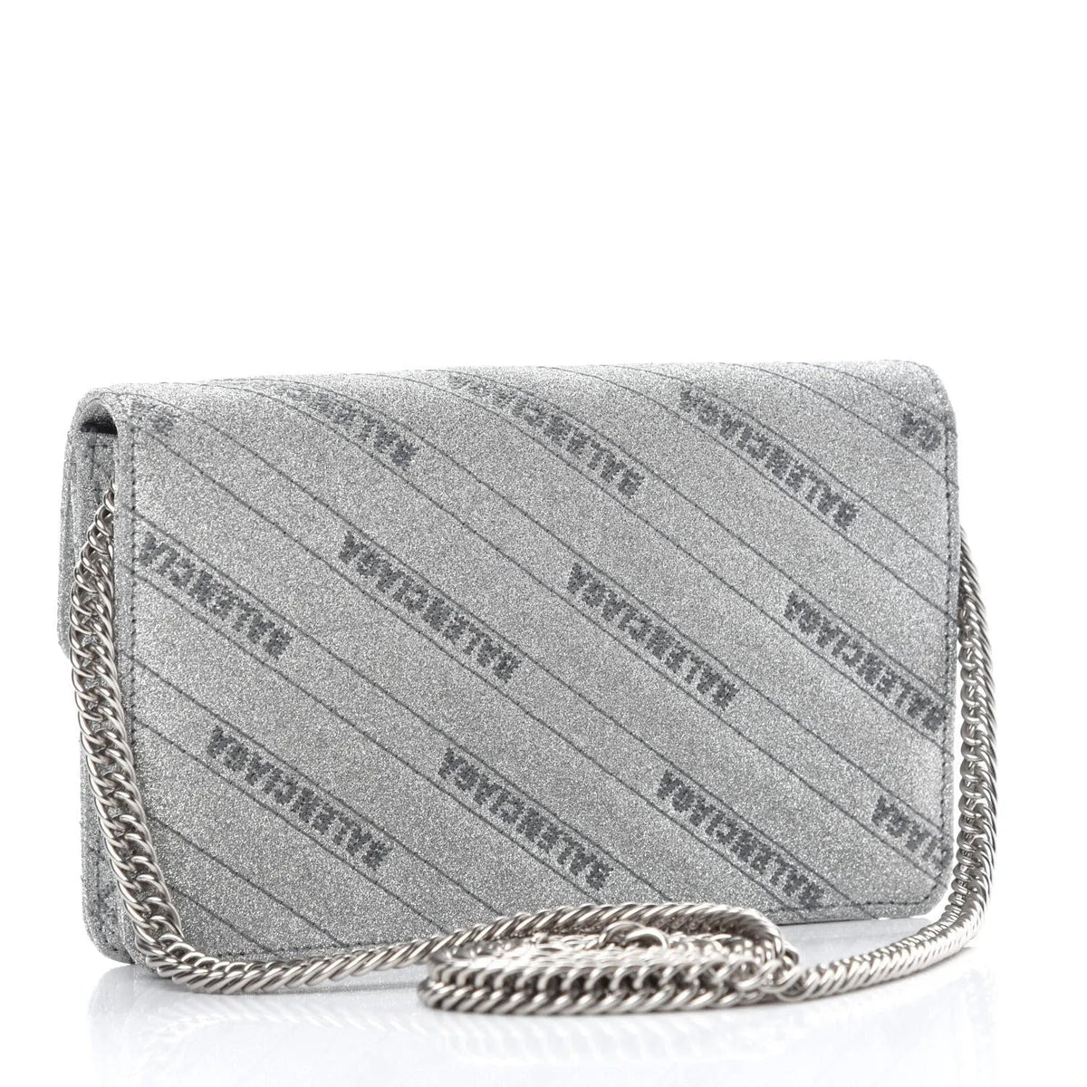 The Balenciaga BB Silver Glittered Leather Wallet on Chain Shoulder Bag - Handbags - Clayton's Online Store