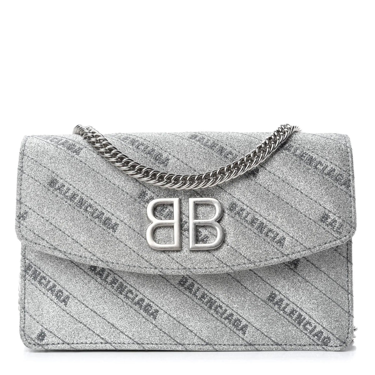 The Balenciaga BB Silver Glittered Leather Wallet on Chain Shoulder Bag - Handbags - Clayton's Online Store