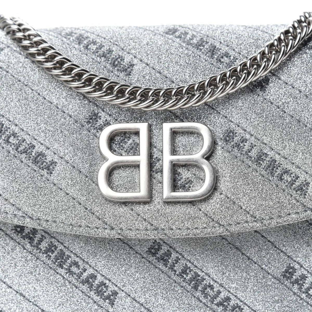 The Balenciaga BB Silver Glittered Leather Wallet on Chain Shoulder Bag - Handbags - Clayton's Online Store