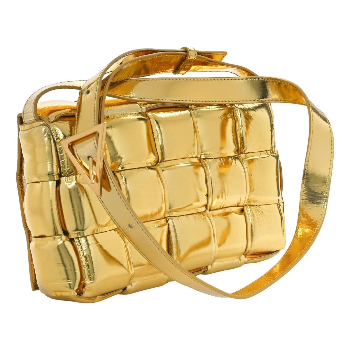 The Bottega Veneta Padded Cassette Metallic Gold Lambskin Crossbody Bag - Handbags - Clayton's Online Store