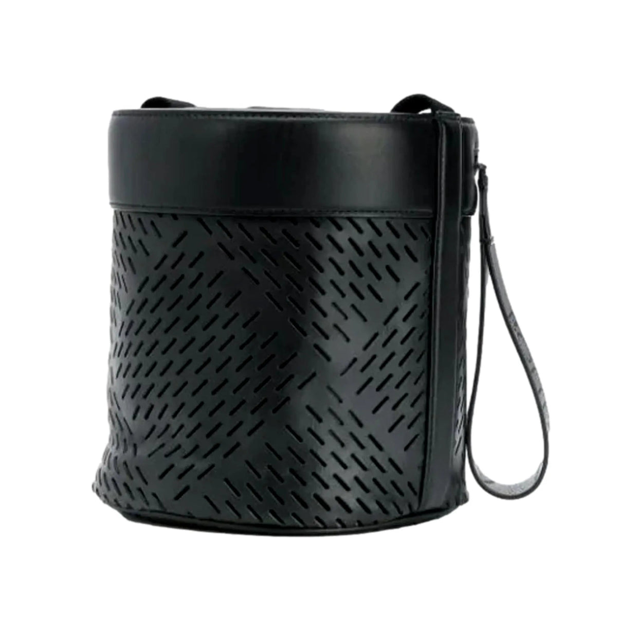 The Bottega Veneta Perforated Black Leather Drawstring Bucket Crossbody Bag - Handbags - Clayton's Online Store