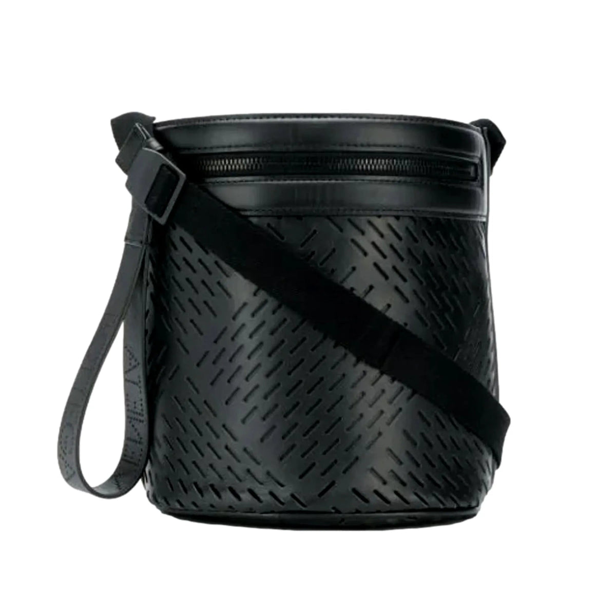 The Bottega Veneta Perforated Black Leather Drawstring Bucket Crossbody Bag - Handbags - Clayton's Online Store