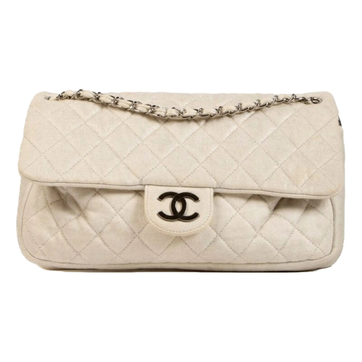 The Chanel Shimmer Craie White Jersey Classic Flap Bag - Handbags - Clayton's Online Store