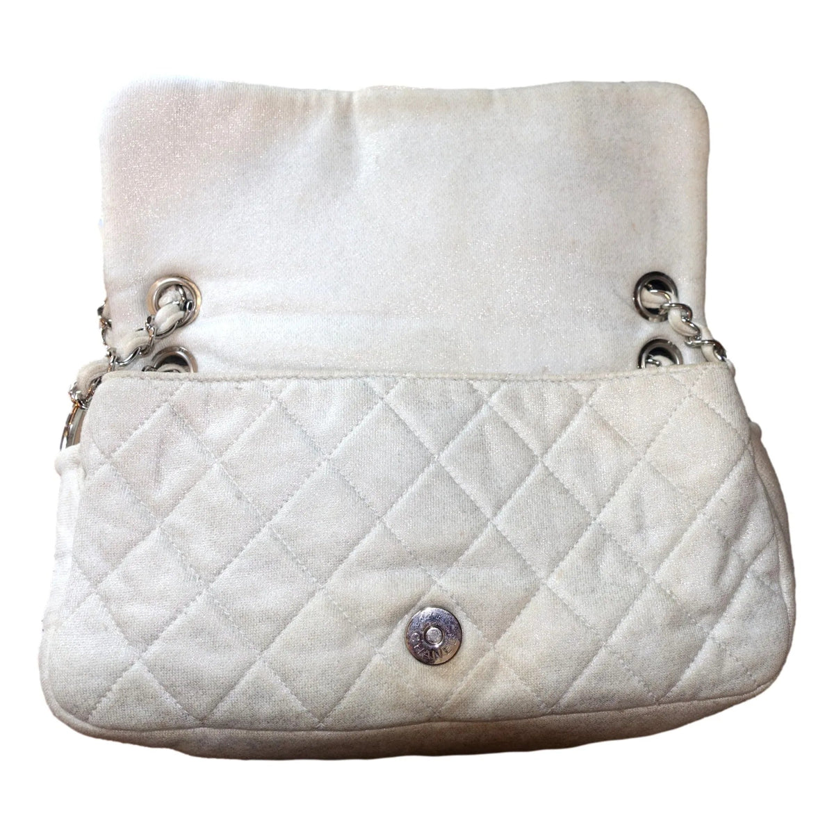 The Chanel Shimmer Craie White Jersey Classic Flap Bag - Handbags - Clayton's Online Store