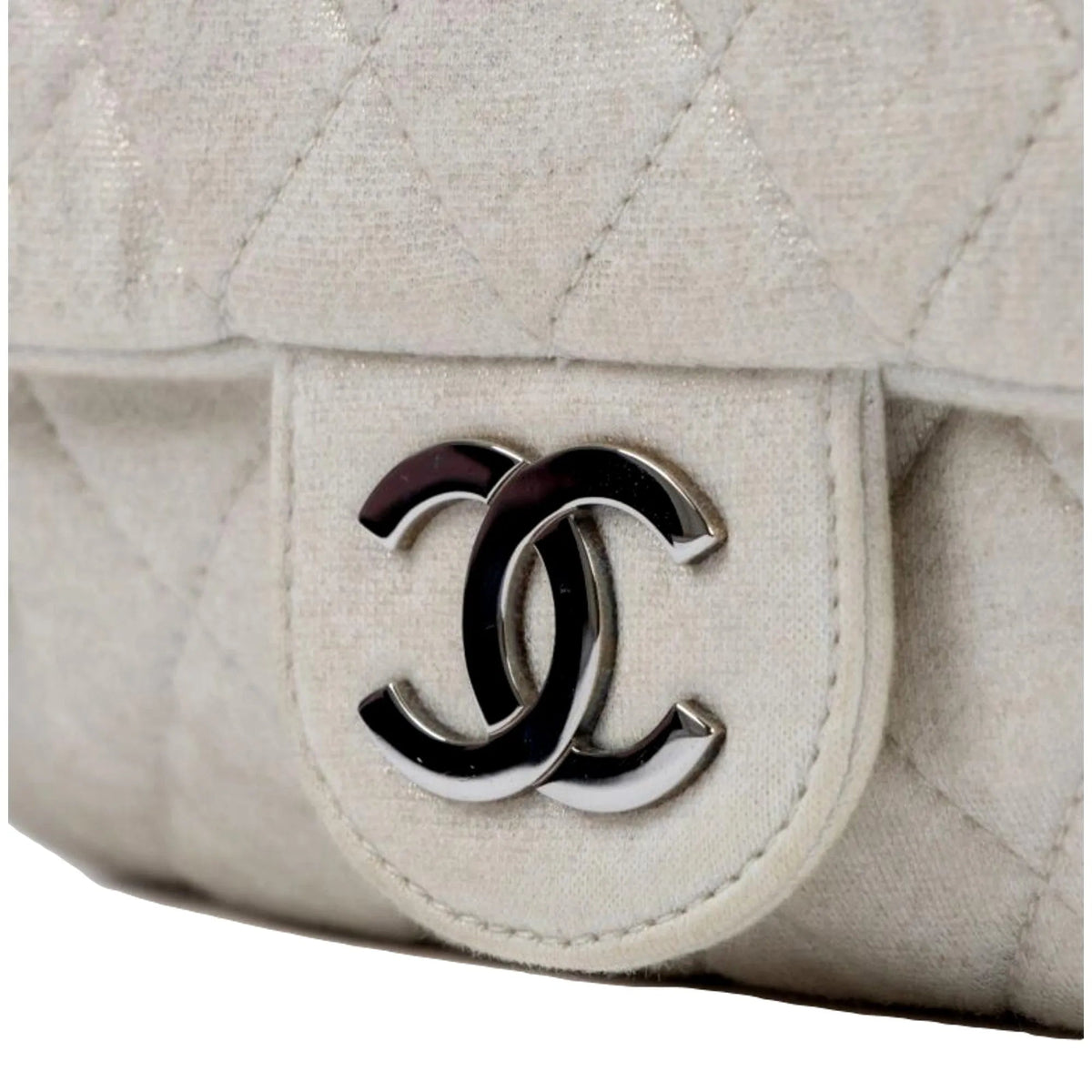 The Chanel Shimmer Craie White Jersey Classic Flap Bag - Handbags - Clayton's Online Store