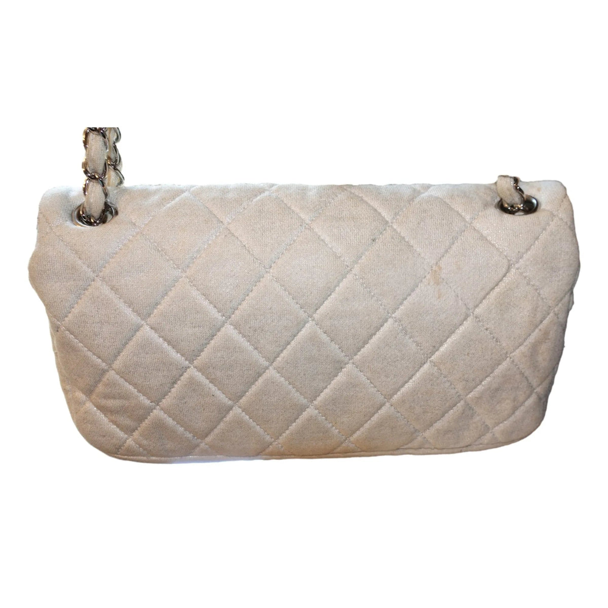 The Chanel Shimmer Craie White Jersey Classic Flap Bag - Handbags - Clayton's Online Store