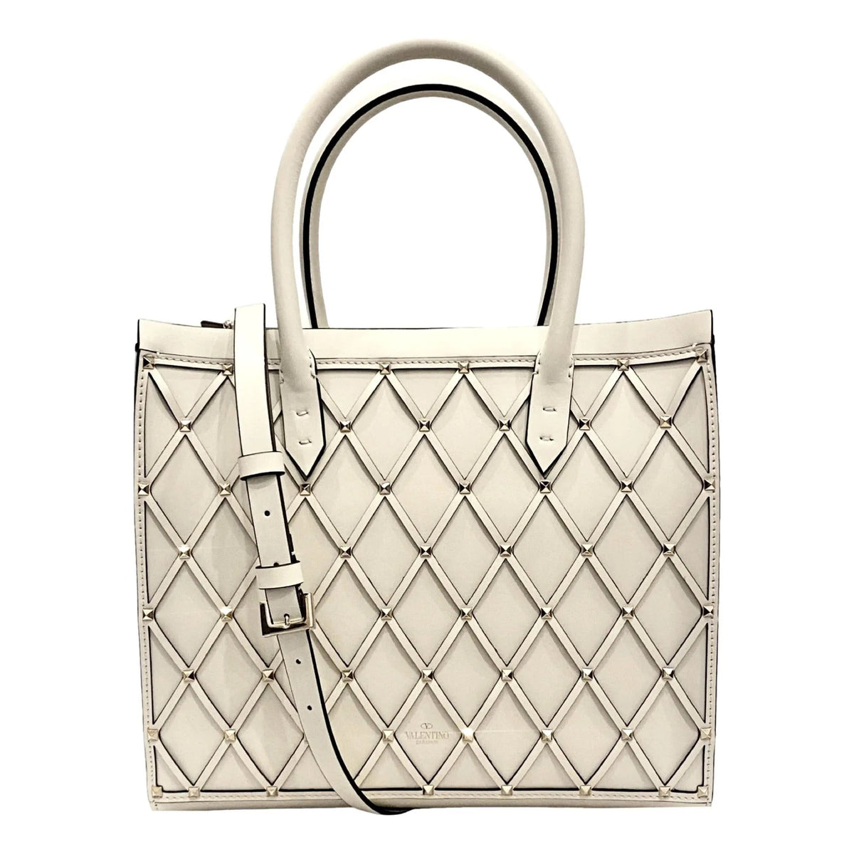 Valentino Garavani Beehive Lattice Ivory Studded Leather Crossbody Tote - Handbags - Clayton's Online Store