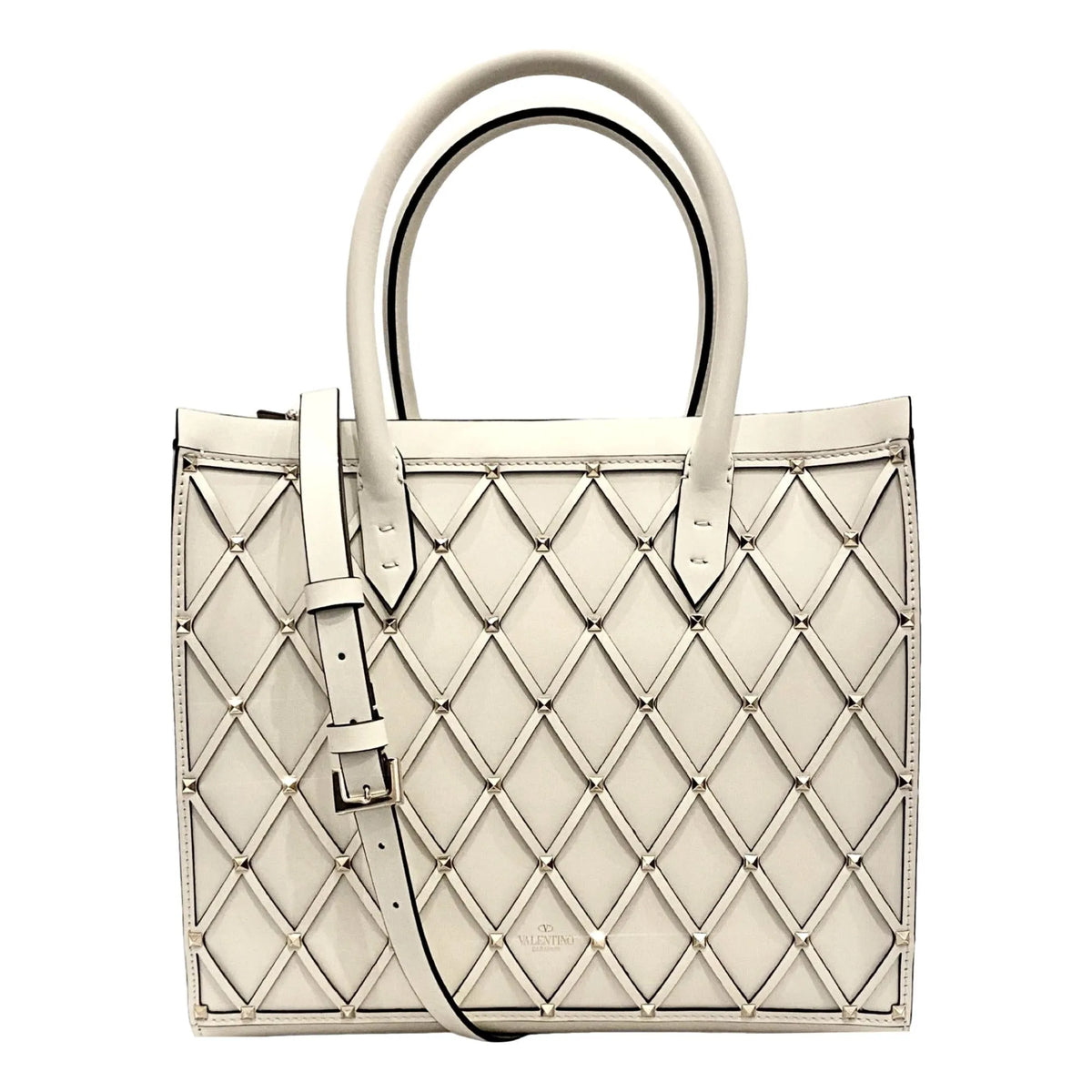 Valentino Garavani Beehive Lattice Ivory Studded Leather Crossbody Tote