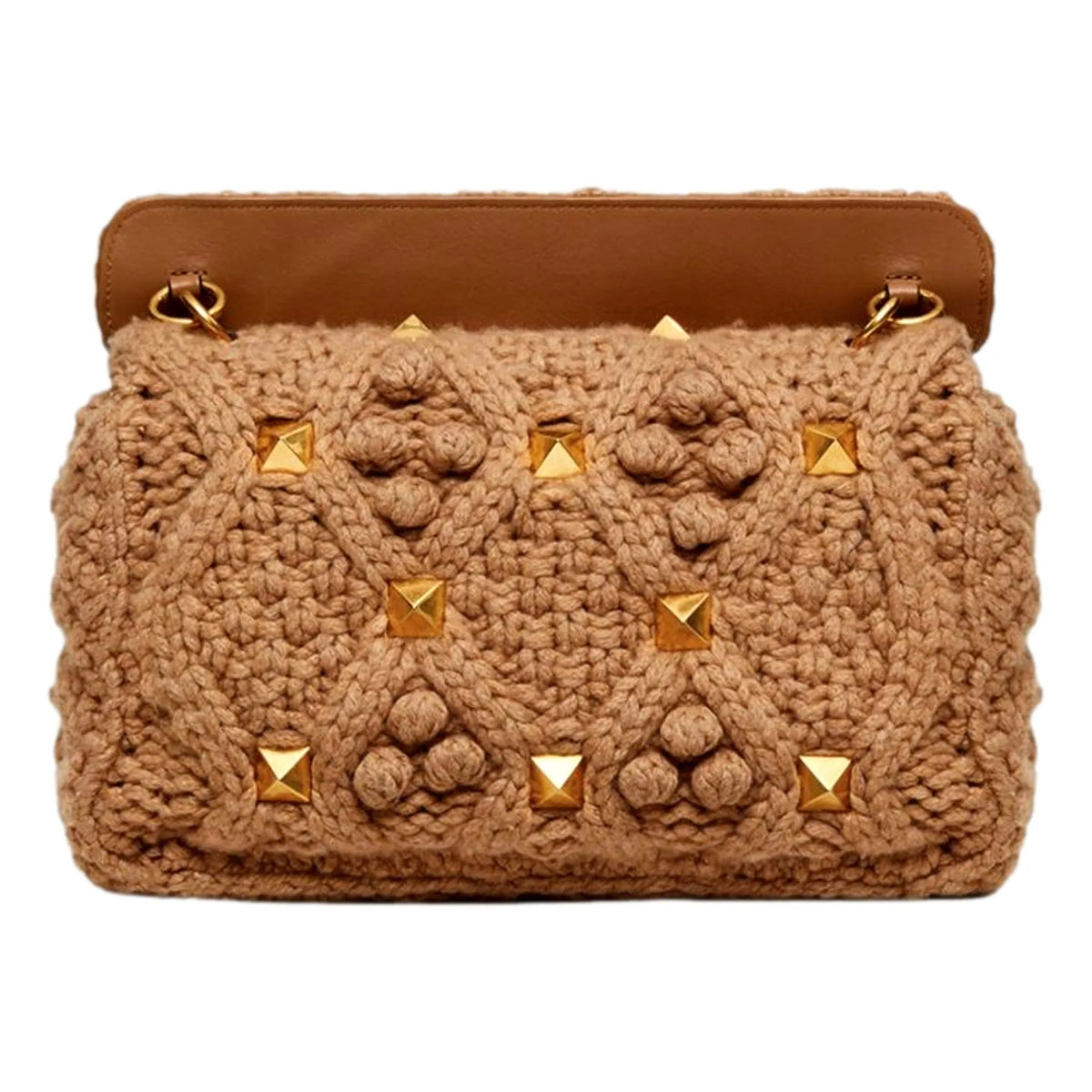 Valentino Garavani Roman Stud Large Shoulder Bag Brown Knit Cashmere - Handbags - Clayton's Online Store