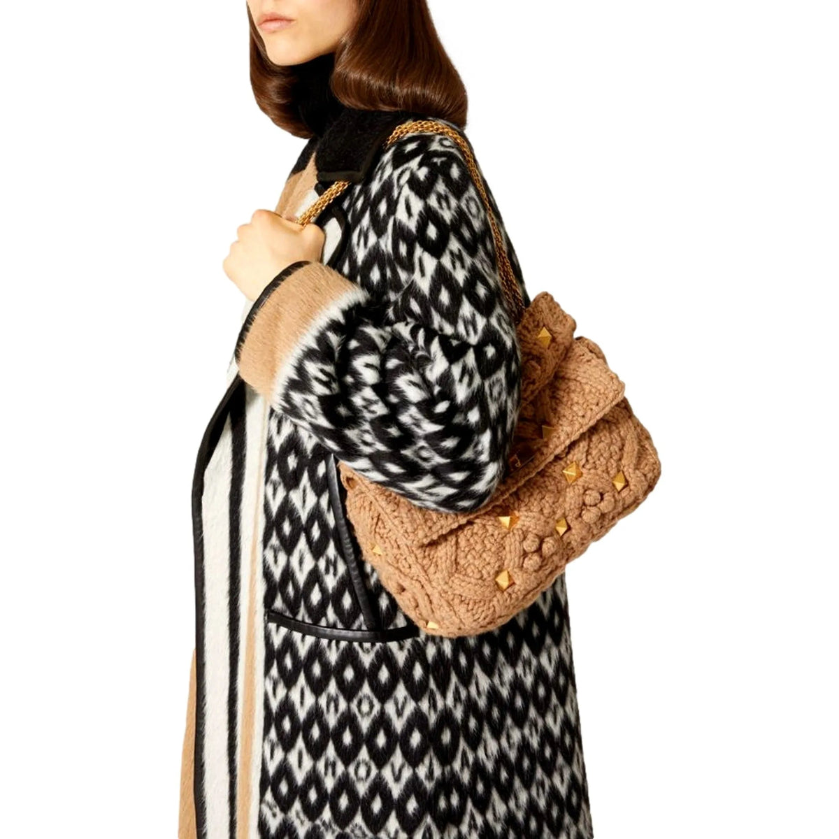 Valentino Garavani Roman Stud Large Shoulder Bag Brown Knit Cashmere - Handbags - Clayton's Online Store