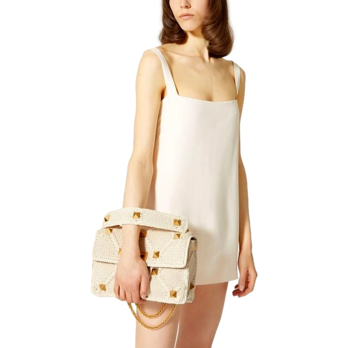 Valentino Garavani Roman Stud Large Shoulder Bag Ivory Knit Cashmere - Handbags - Clayton's Online Store