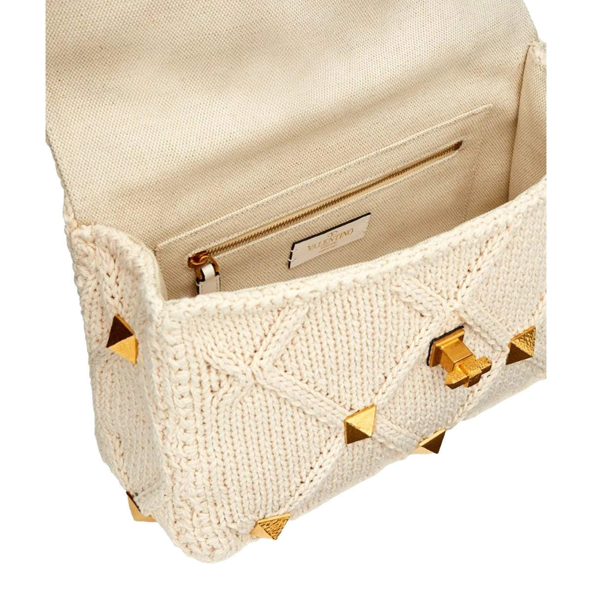 Valentino Garavani Roman Stud Large Shoulder Bag Ivory Knit Cashmere - Handbags - Clayton's Online Store