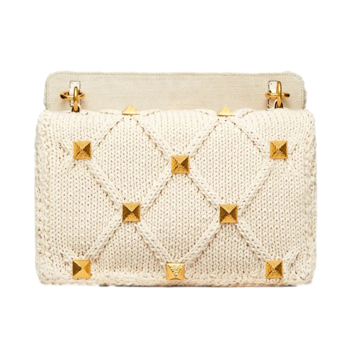 Valentino Garavani Roman Stud Large Shoulder Bag Ivory Knit Cashmere - Handbags - Clayton's Online Store