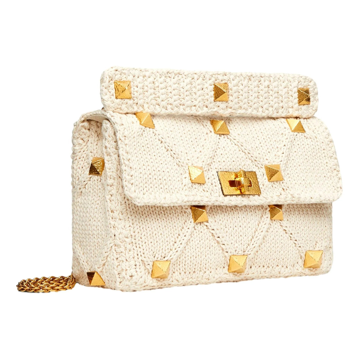 Valentino Garavani Roman Stud Large Shoulder Bag Ivory Knit Cashmere - Handbags - Clayton's Online Store