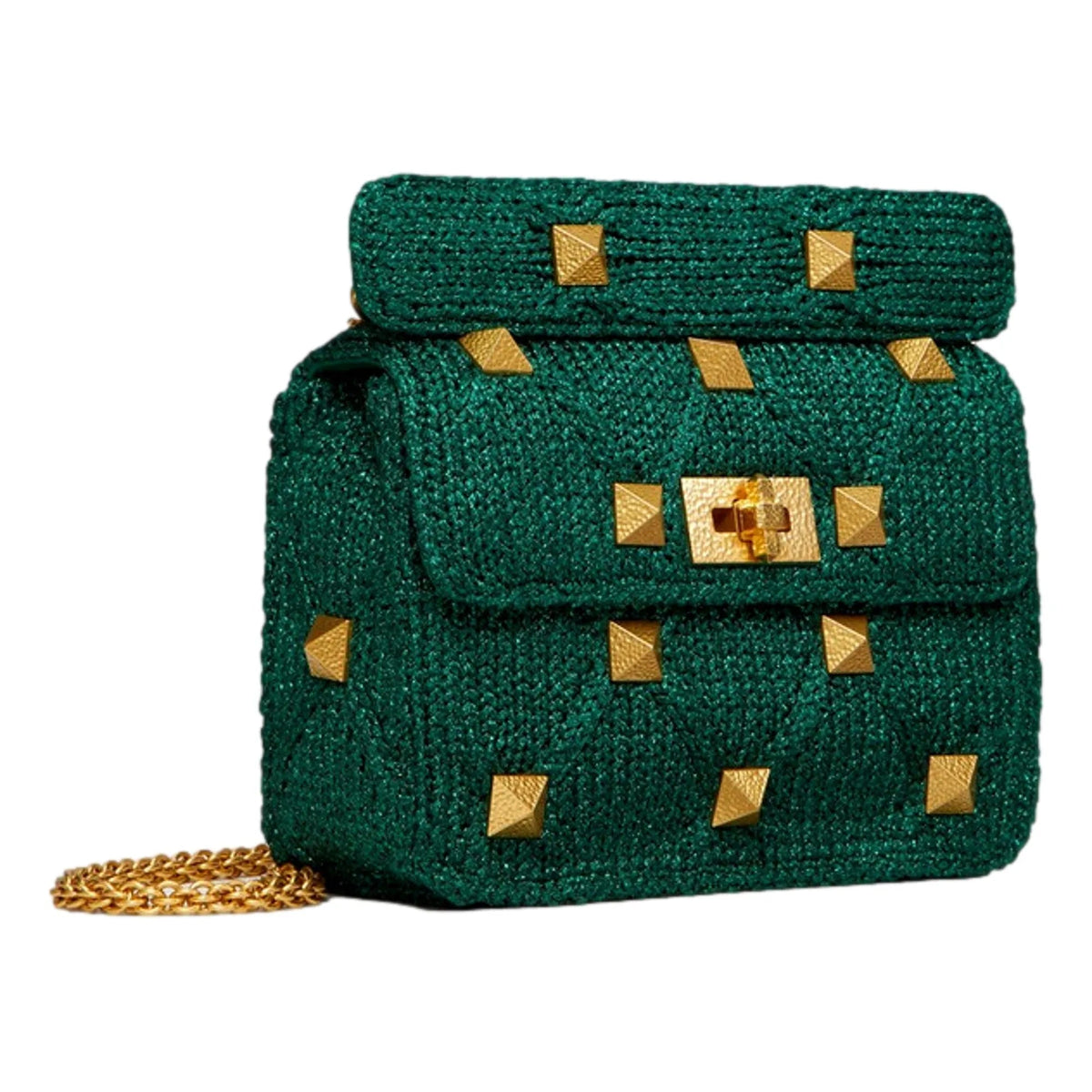 Valentino Garavani Roman Stud Medium Shoulder Bag Metallic Green Lurex - Handbags - Clayton's Online Store