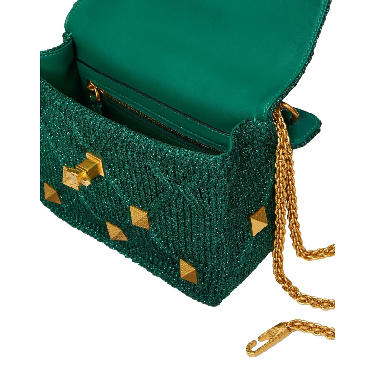 Valentino Garavani Roman Stud Medium Shoulder Bag Metallic Green Lurex - Handbags - Clayton's Online Store