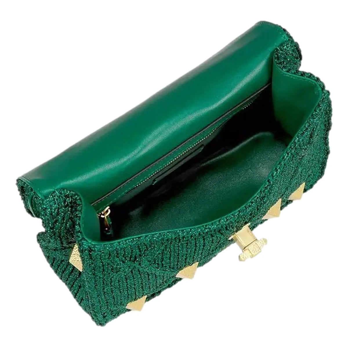 Valentino Garavani Roman Stud Medium Shoulder Bag Metallic Green Lurex - Handbags - Clayton's Online Store