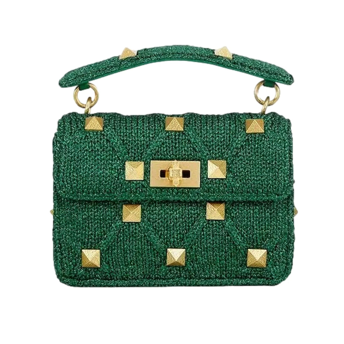 Valentino Garavani Roman Stud Medium Shoulder Bag Metallic Green Lurex - Handbags - Clayton's Online Store