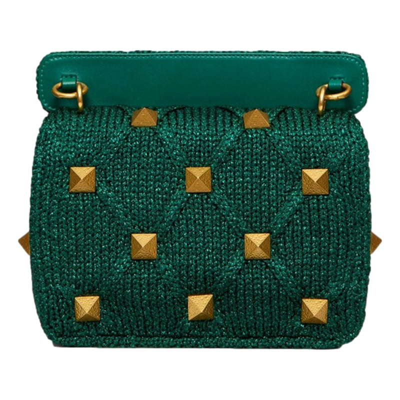 Valentino Garavani Roman Stud Medium Shoulder Bag Metallic Green Lurex - Handbags - Clayton's Online Store