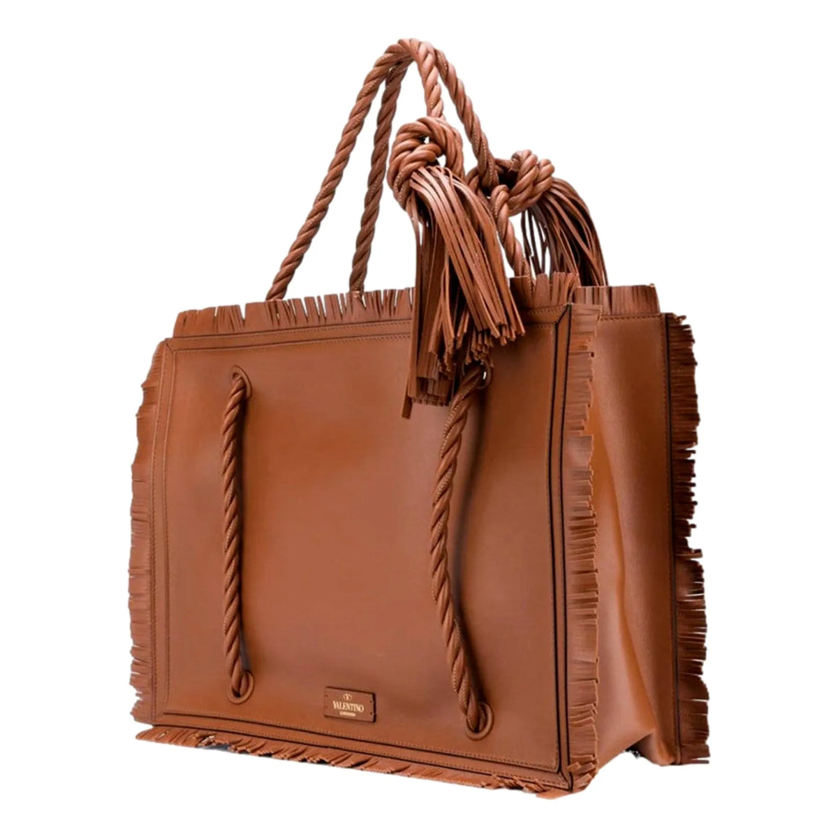 Valentino Garavani The Rope Large Fringe Brown Leather Tote Bag