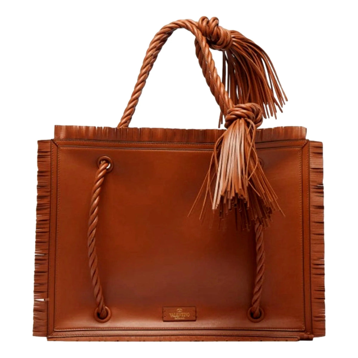 Valentino Garavani The Rope Large Fringe Brown Leather Tote Bag