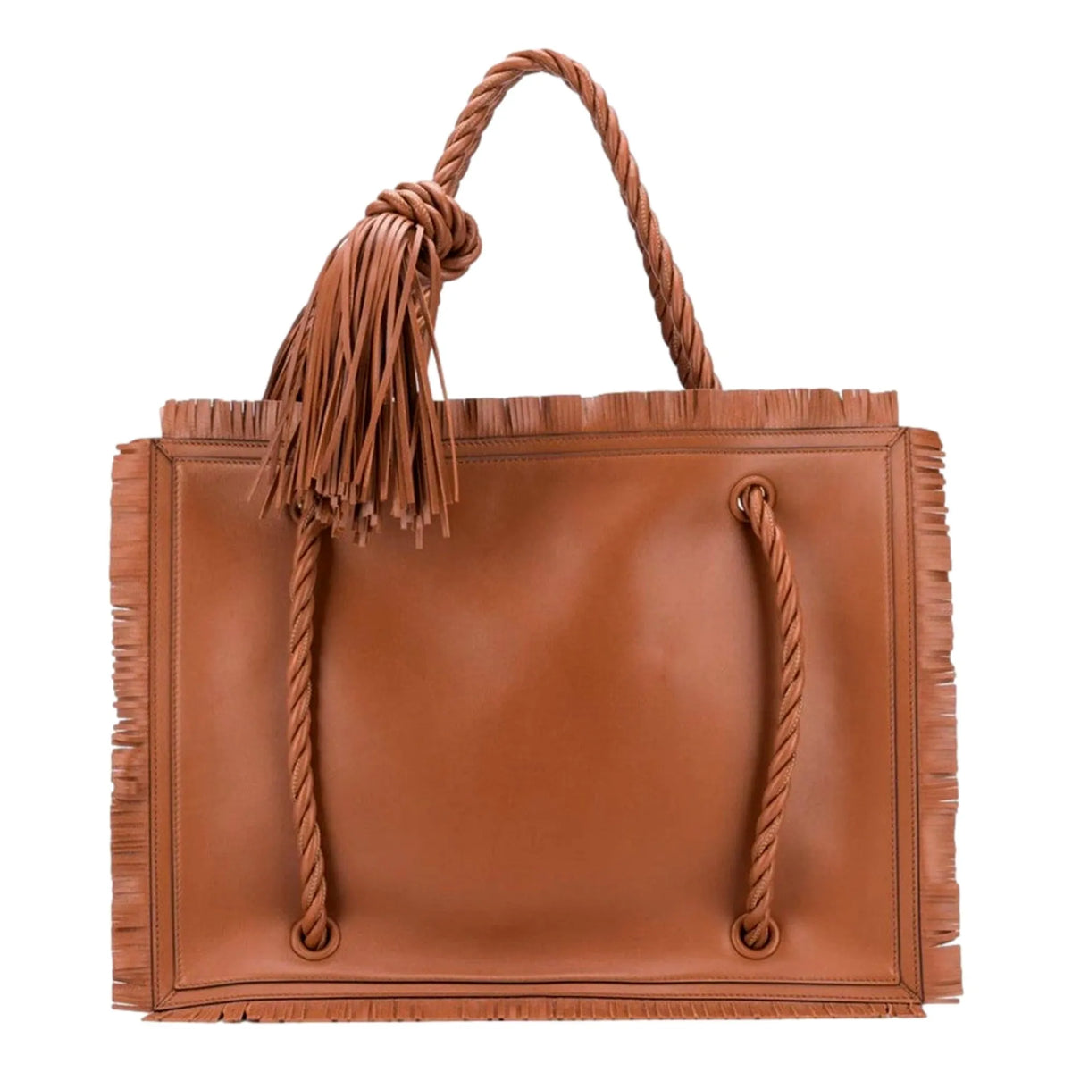 Valentino Garavani The Rope Large Fringe Brown Leather Tote Bag