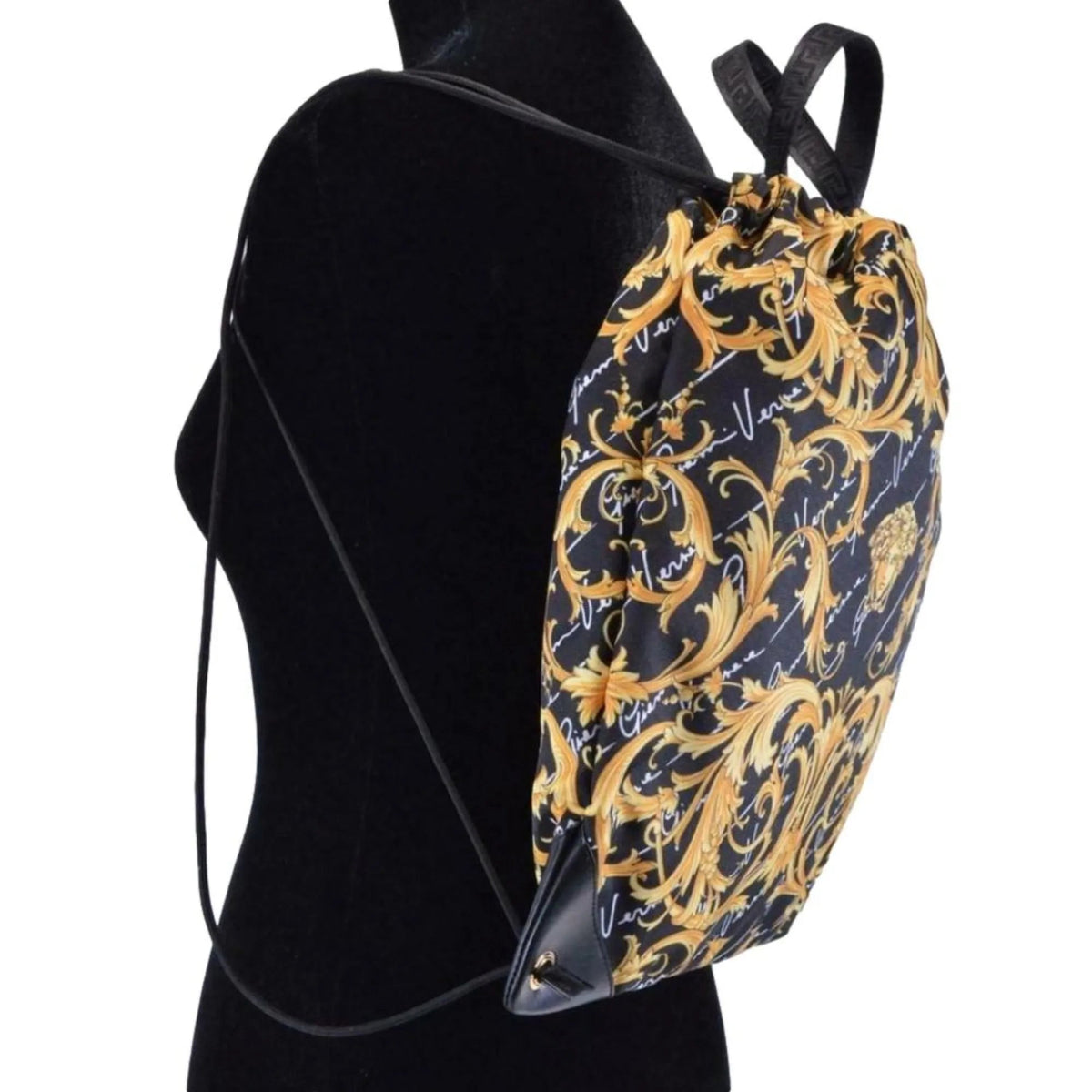 Versace Black Nylon Barocco Signature Print Drawstring Backpack - Handbags - Clayton's Online Store