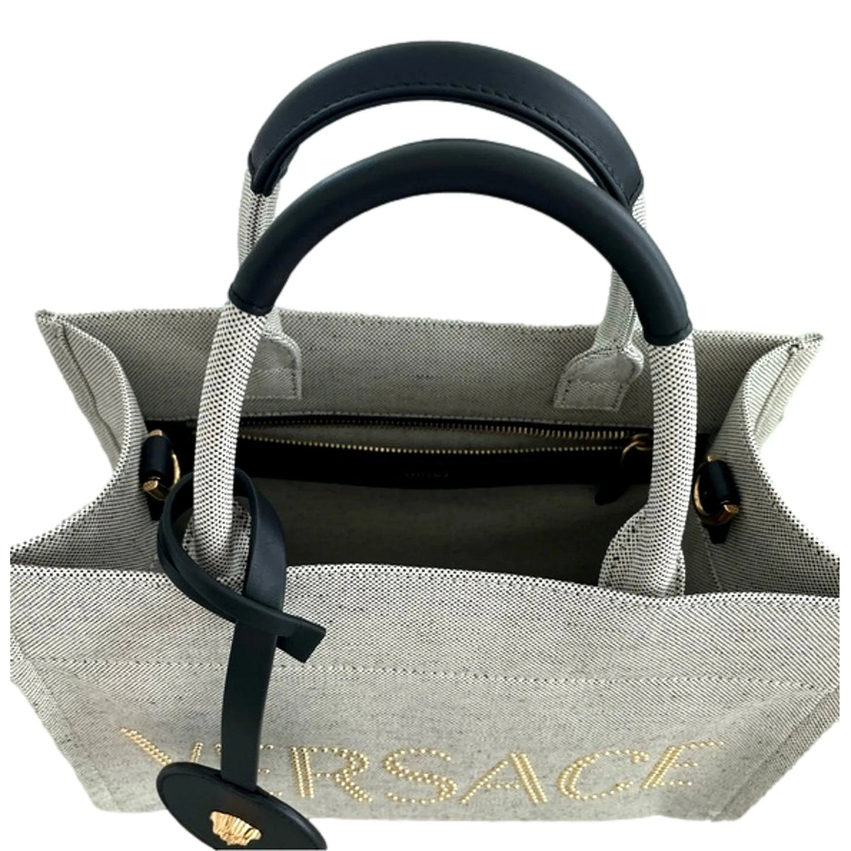 Versace Ecru Canvas Studded Logo Mini Totebag - Handbags - Clayton's Online Store