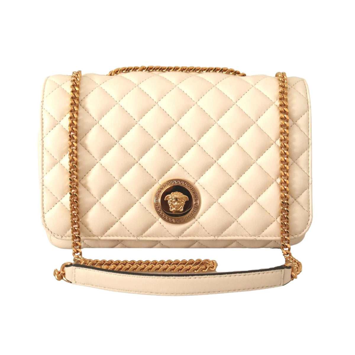 Versace La Medusa Beige Quilted Lamb Leather Large Shoulder Bag - Handbags - Clayton's Online Store