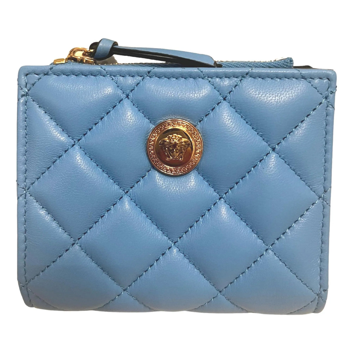 Versace La Medusa Blue Quilted Lamb Leather Compact Snap Wallet - Wallets - Clayton's Online Store