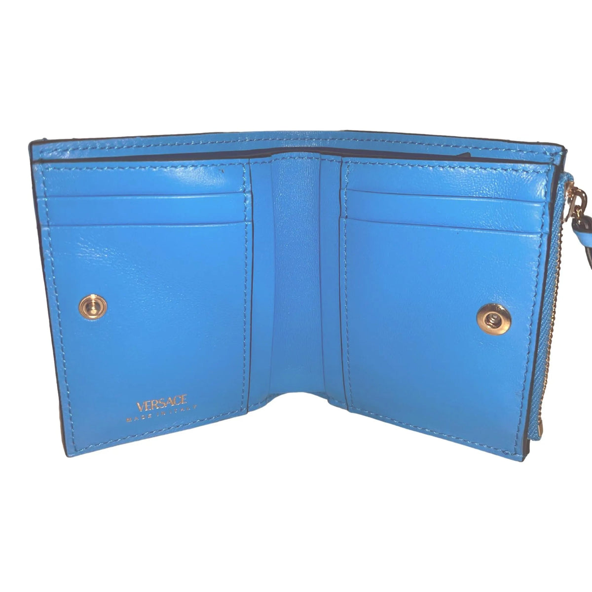 Versace La Medusa Blue Quilted Lamb Leather Compact Snap Wallet - Wallets - Clayton's Online Store