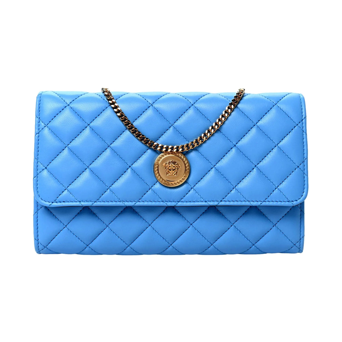 Versace La Medusa Blue Quilted Lamb Leather Crossbody Clutch Bag - Handbags - Clayton's Online Store