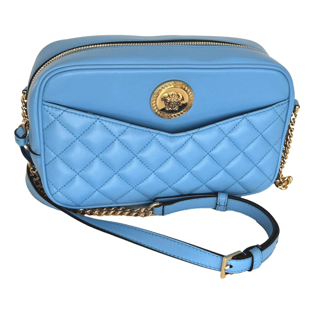 Versace La Medusa Blue Quilted Lamb Leather Medium Crossbody Bag - Handbags - Clayton's Online Store