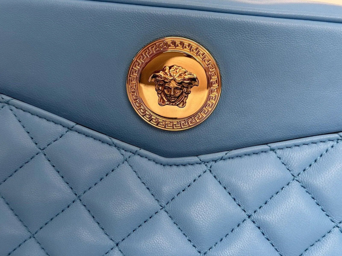 Versace La Medusa Blue Quilted Lamb Leather Medium Crossbody Bag - Handbags - Clayton's Online Store