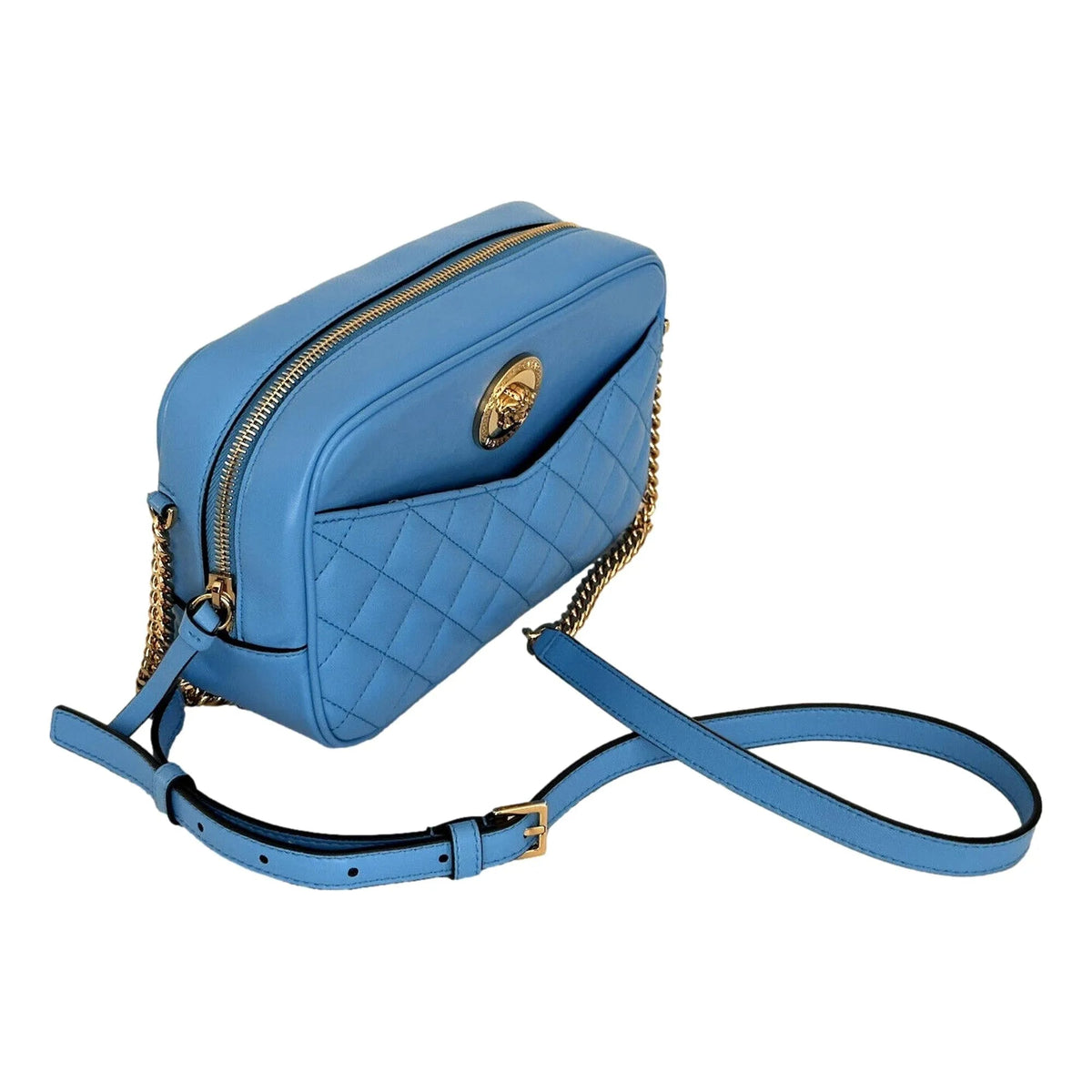 Versace La Medusa Blue Quilted Small Camera Crossbody Bag - Handbags - Clayton's Online Store