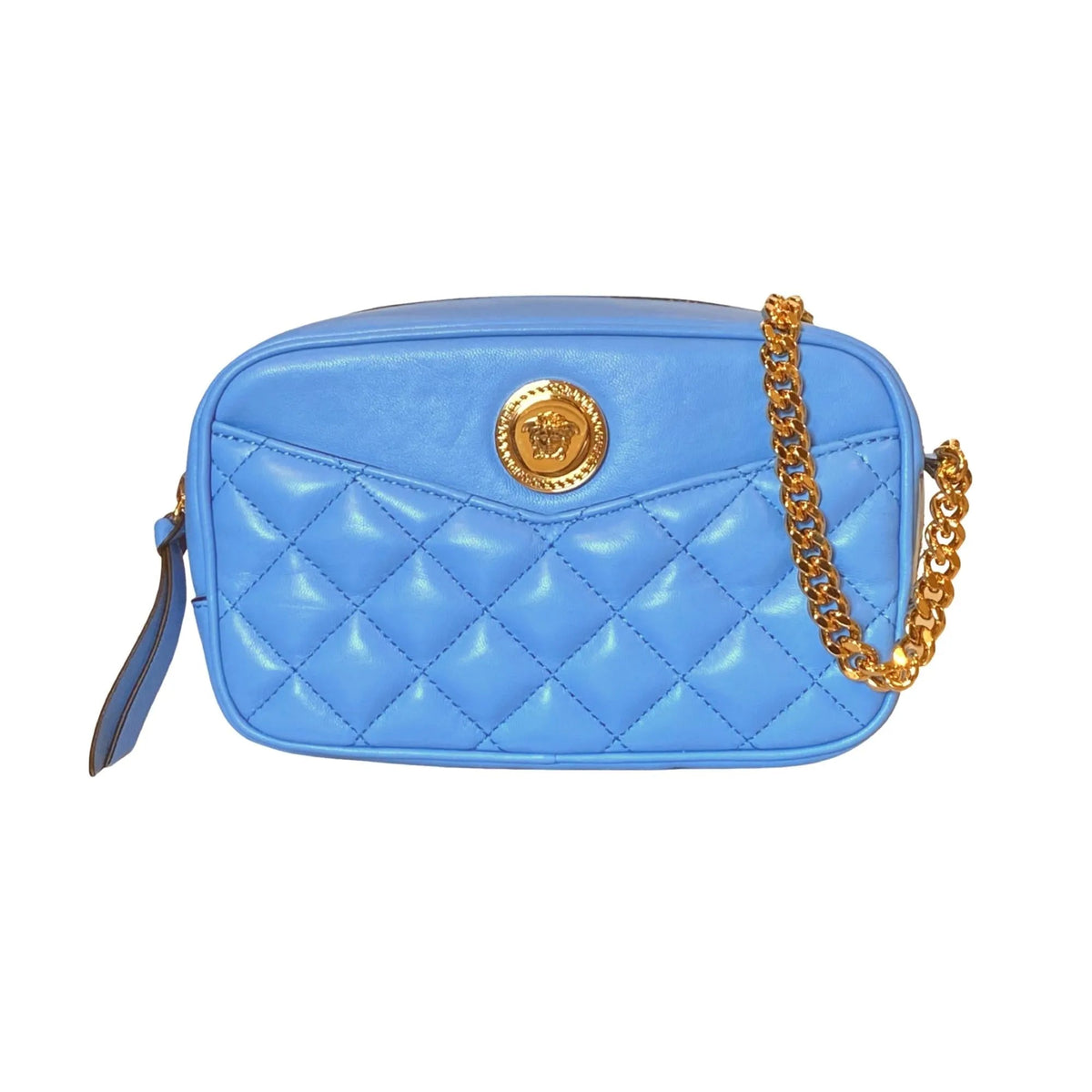 Versace La Medusa Blue Quilted Small Camera Crossbody Bag - Handbags - Clayton's Online Store