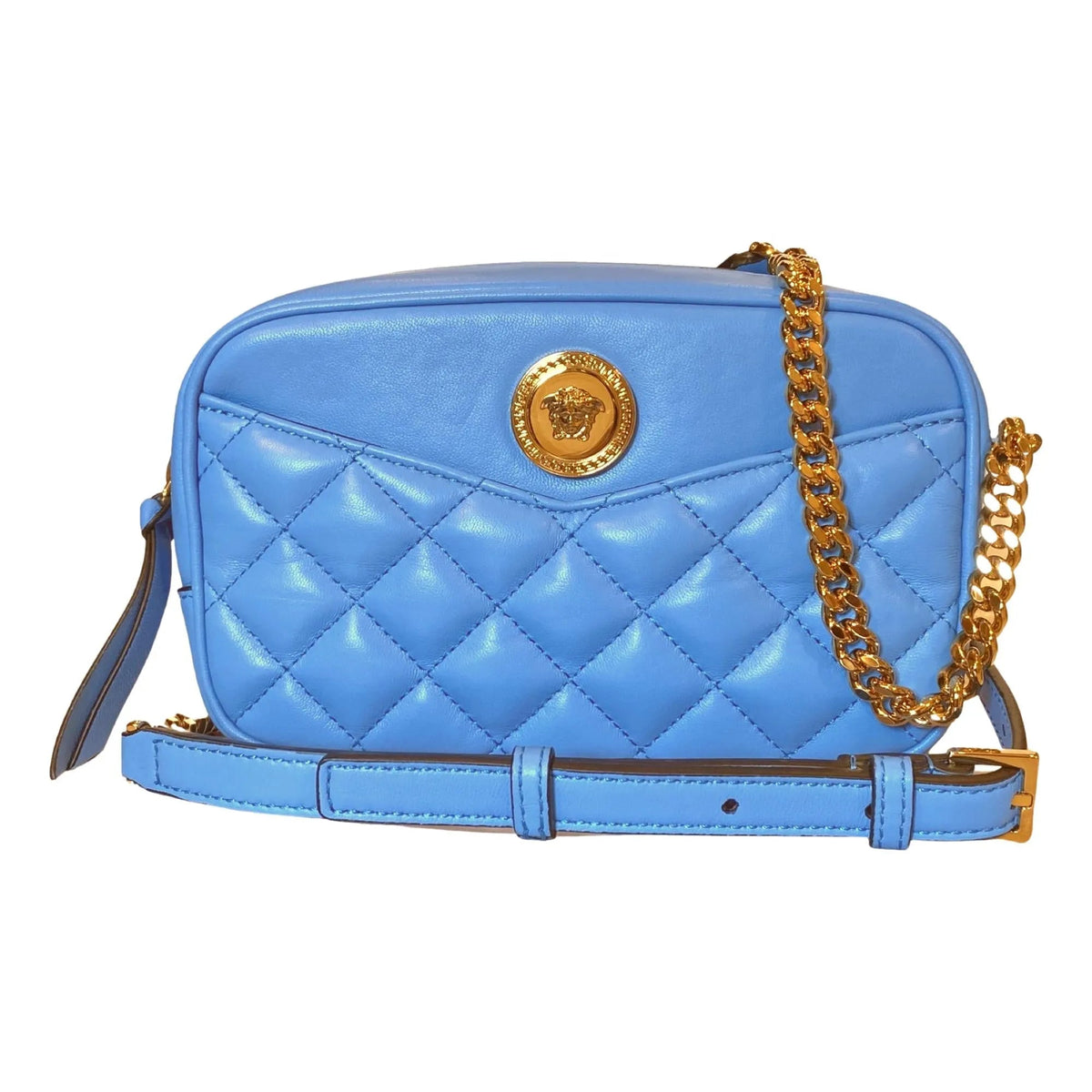 Versace La Medusa Blue Quilted Small Camera Crossbody Bag - Handbags - Clayton's Online Store