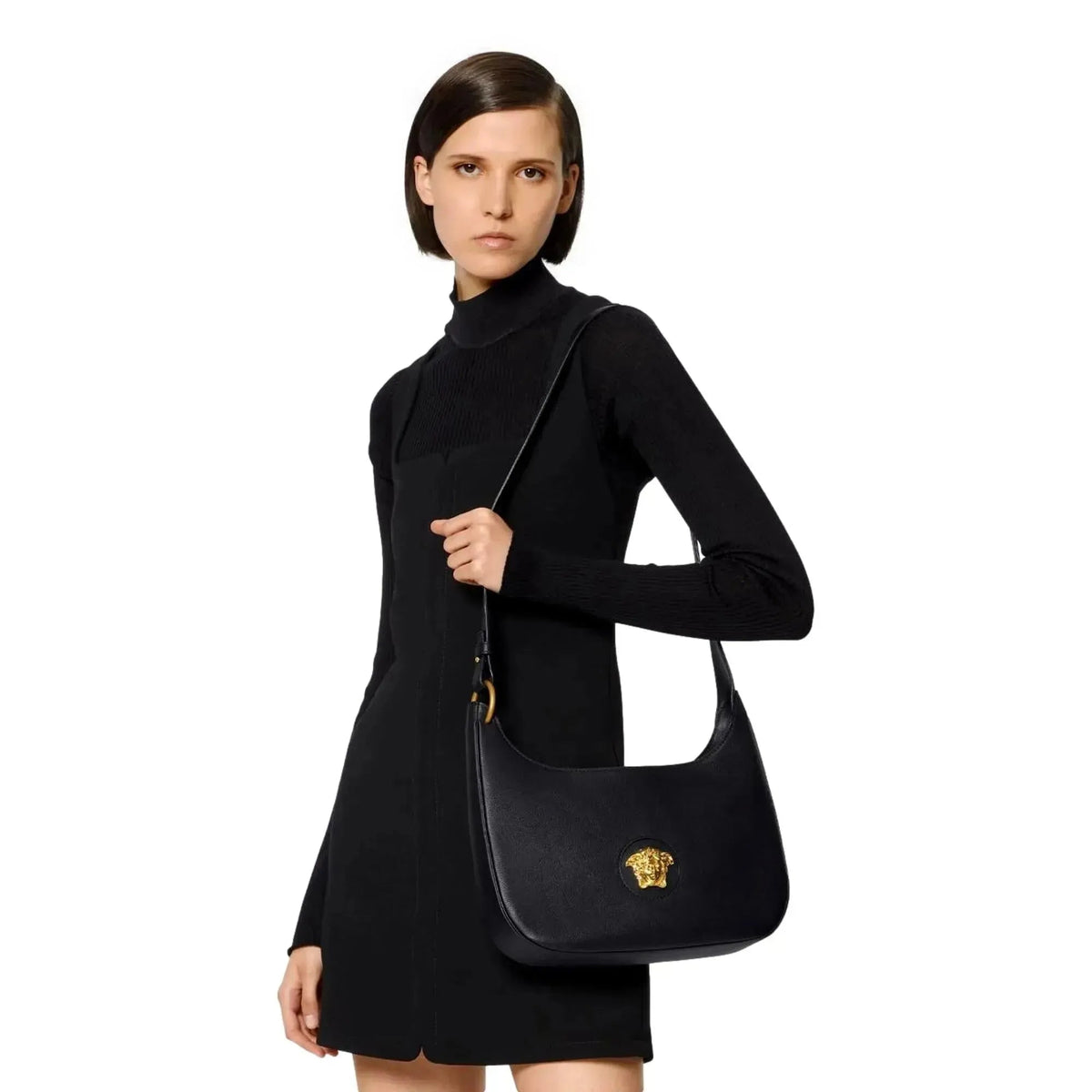 Versace La Medusa Convertible Black Leather Hobo Bag - Handbags - Clayton's Online Store