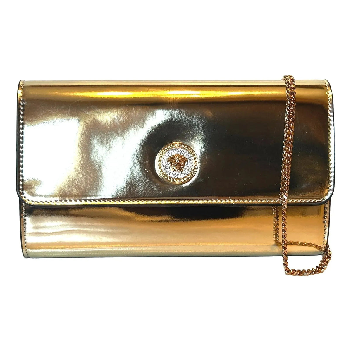 Versace La Medusa Crystal Clutch Crossbody Bag Metallic Gold Leather - Handbags - Clayton's Online Store