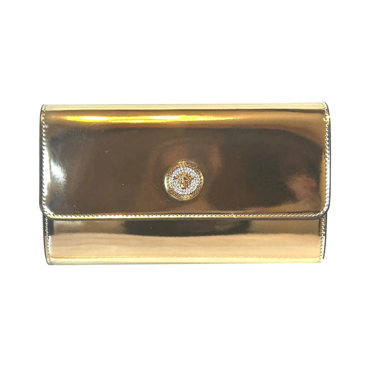 Versace La Medusa Crystal Clutch Crossbody Bag Metallic Gold Leather - Handbags - Clayton's Online Store