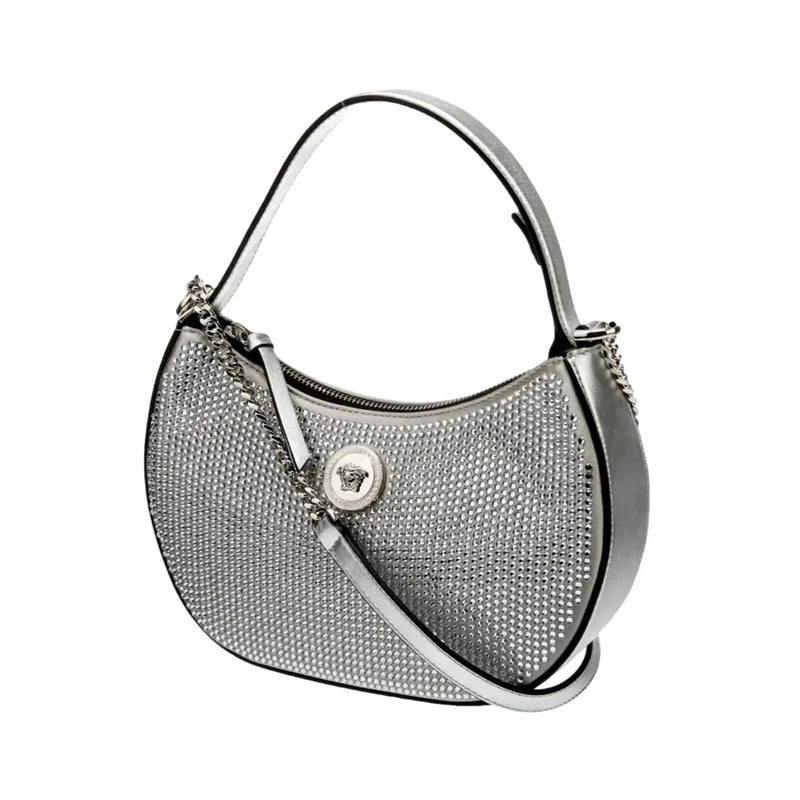 Versace La Medusa Crystal Half Moon Hobo Shoulder Crossbody Bag Silver - Handbags - Clayton's Online Store