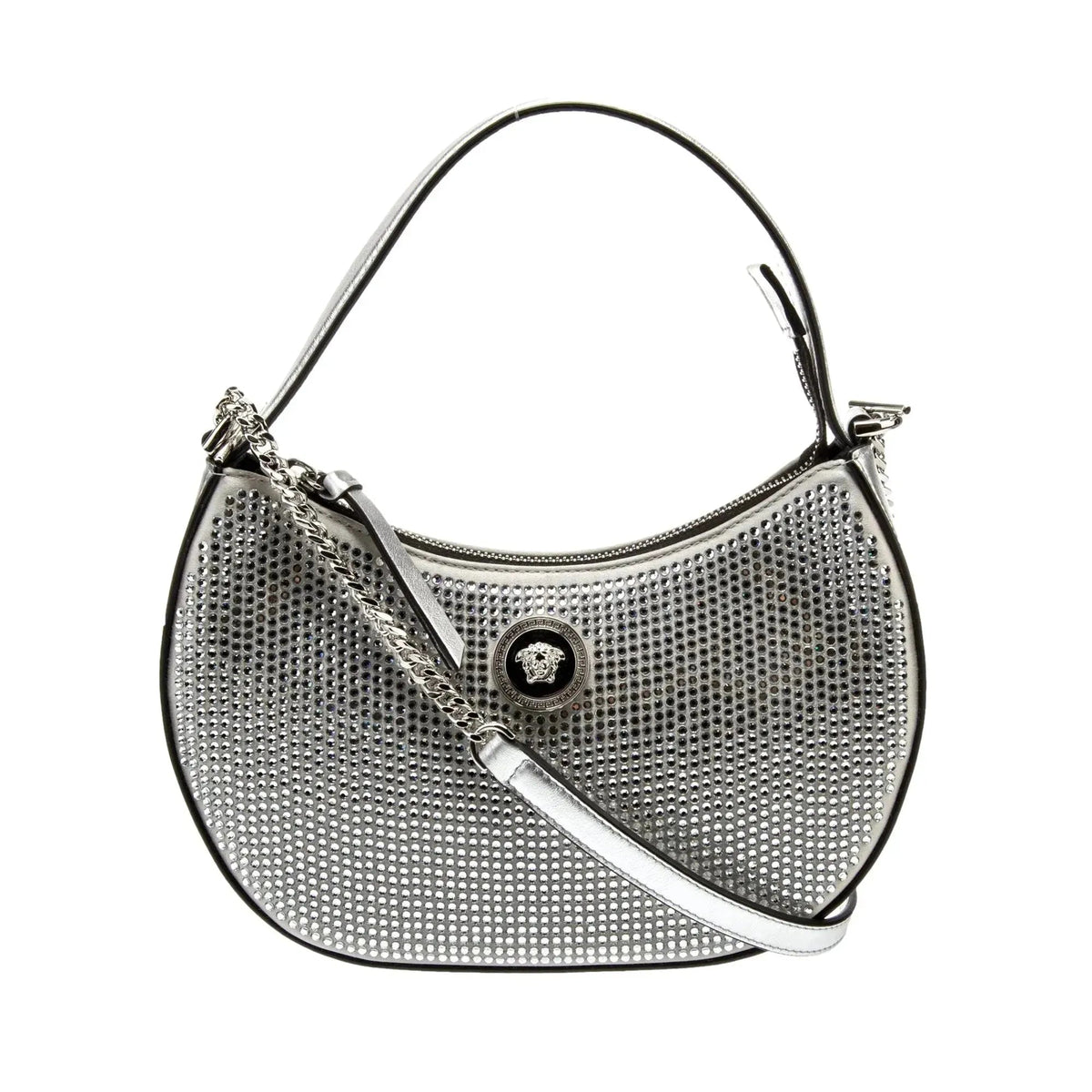 Versace La Medusa Crystal Half Moon Hobo Shoulder Crossbody Bag Silver - Handbags - Clayton's Online Store