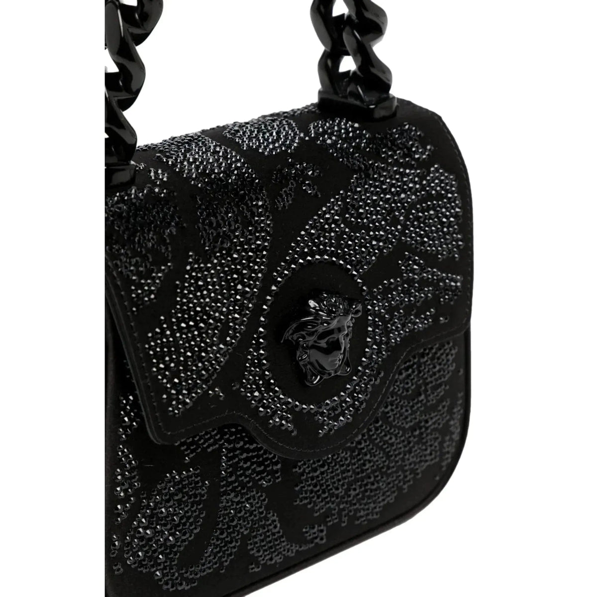 Versace La Medusa Crystal Mini Top Handle Tote Crossbody Black Silk - Handbags - Clayton's Online Store