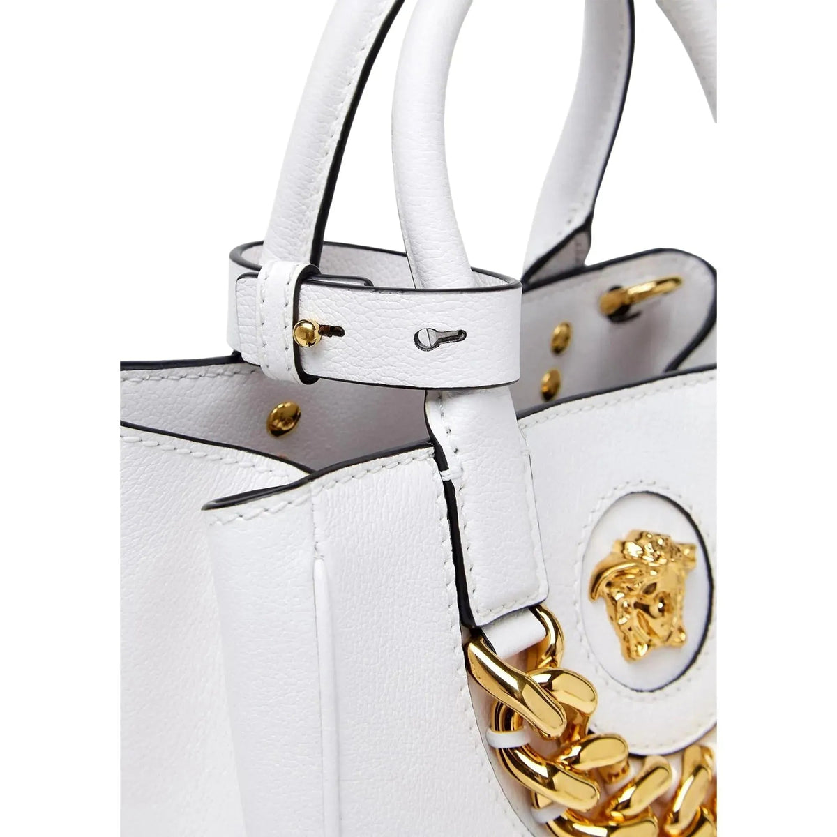 Versace La Medusa Gold Plaque White Leather Small Crossbody Tote Bag - Handbags - Clayton's Online Store