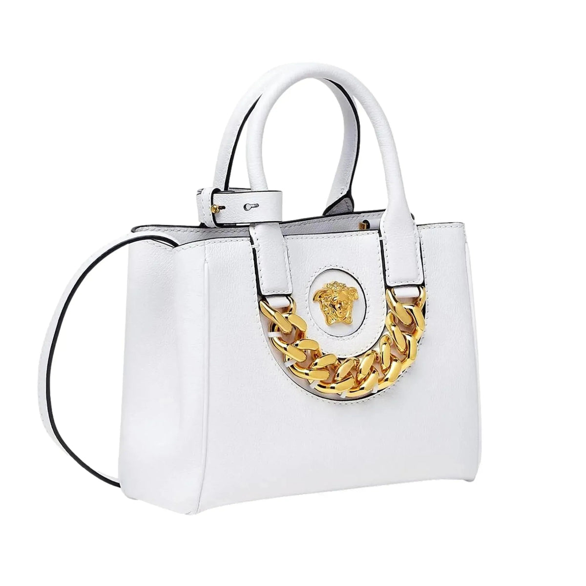 Versace La Medusa Gold Plaque White Leather Small Crossbody Tote Bag - Handbags - Clayton's Online Store