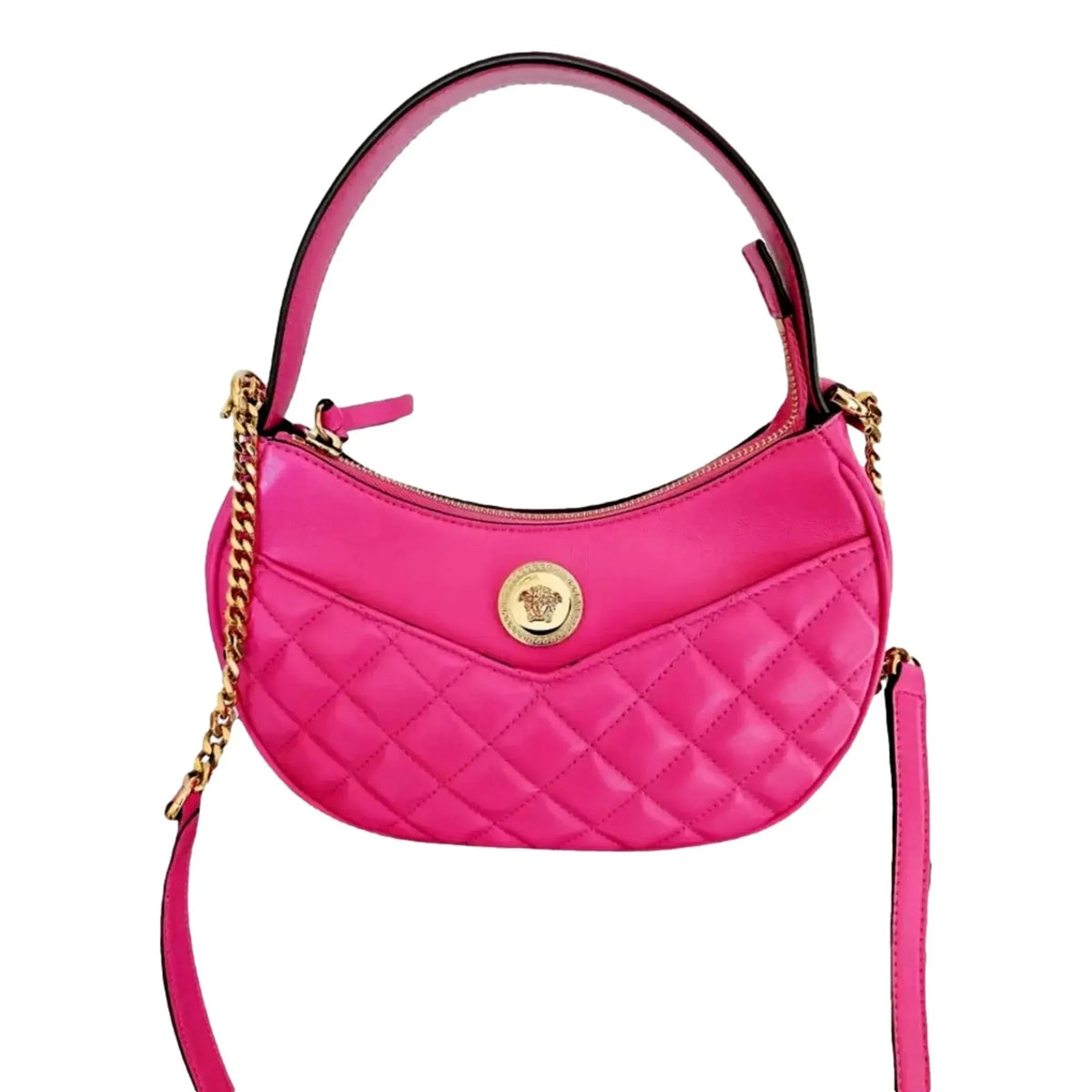 Versace La Medusa Half Moon Hobo Shoulder Crossbody Bag Pink Leather - Handbags - Clayton's Online Store