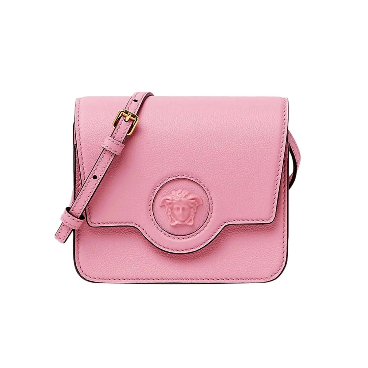 Versace La Medusa Logo Plaque Pink Pebbled Leather Crossbody Bag - Handbags - Clayton's Online Store